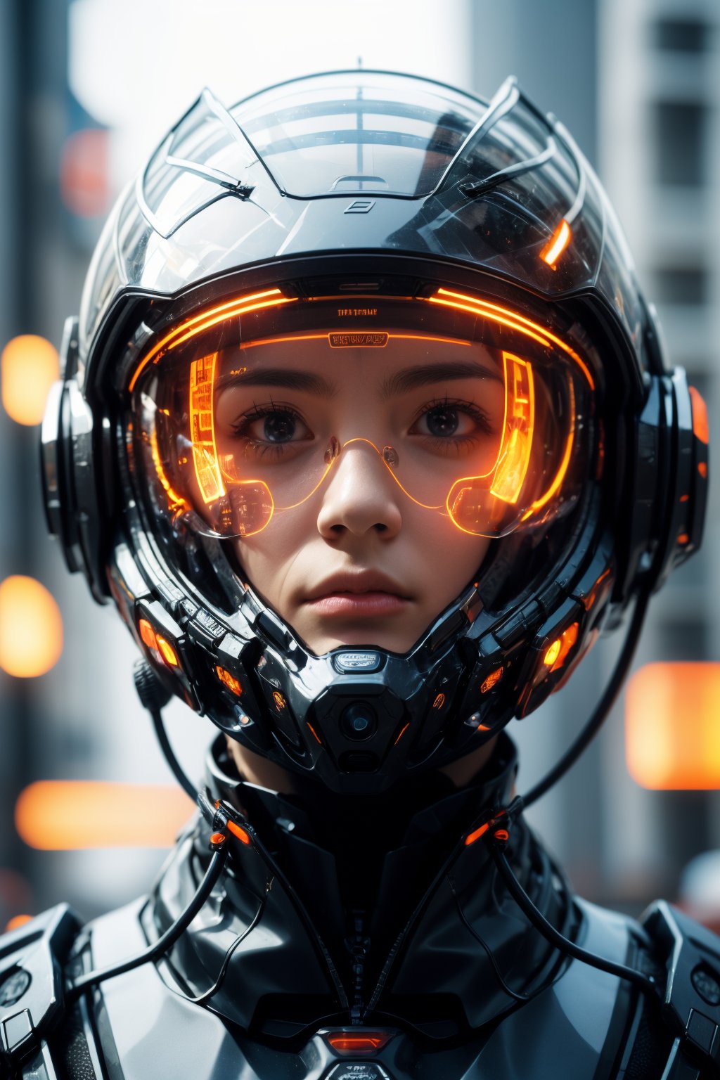 1girl, solo, realistic, science fiction, helmet, cable, cyberpunk, lips, portrait, head-mounted display, blurry, robot, depth of field, blurry background, closed mouth, screen, glowing, facing viewer
