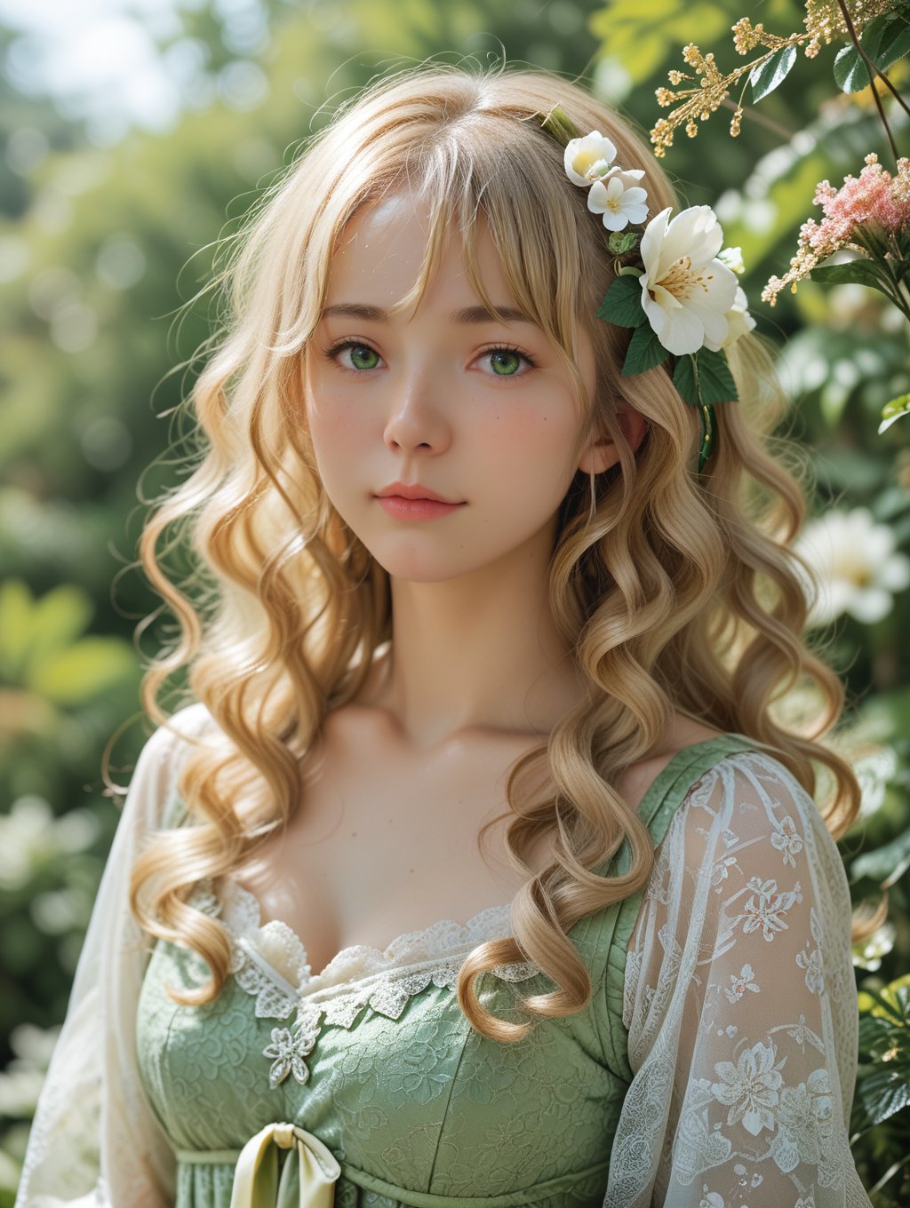 score_9, score_8_up, score_7_up,source_real,real skin,BREAK 1girl, portrait, blonde hair, green green hign neck dress, floral backgrtound, looking at viewer, long hair, bangs, wavy hair, flower in hair, nature,