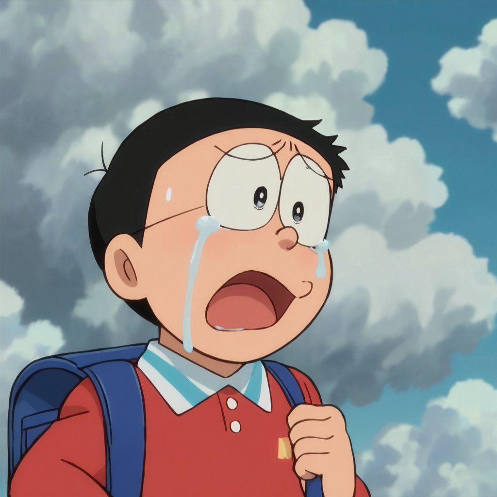 score_9, score_8_up, score_7_up, score_6_up, score_5_up, score_4_up, source_anime, nobi nobita, 1boy, male focus, solo, black hair, sky, cloud, open mouth, tears, backpack, blue sky, crying, day, upper body, black eyes, bag, red shirt, parody, shirt, outdoors, tearing up, masterpiece, best quality,<lora:minamoto shizuka and nobita autism:1> 