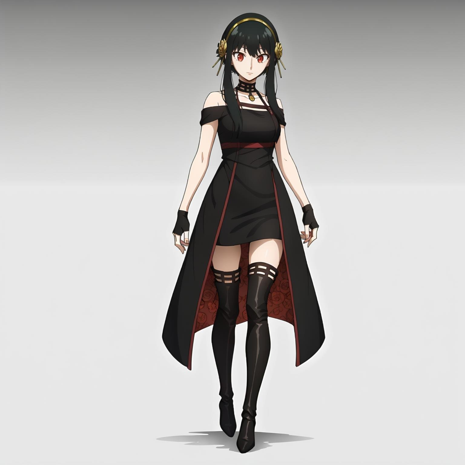 <lora:YorForgerXLpony004>,solo,YorForger,1girl,black hair,red eyes,short hair with long locks,gold hairband,hair flower,black choker,black dress,sleeveless,off shoulder,floral_print,fingerless gloves,black footwear,thigh high heel boots,full body,standing,