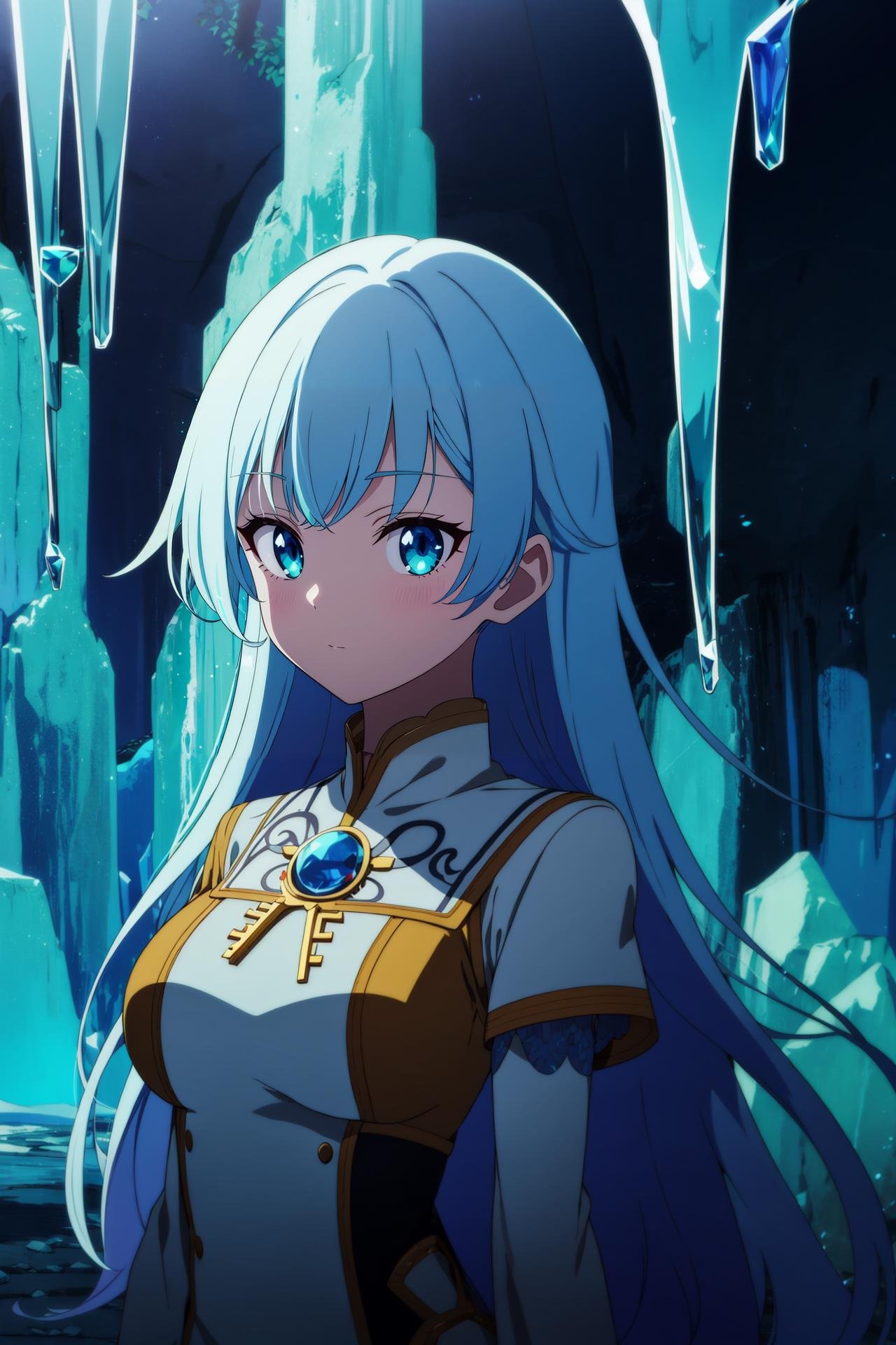 1girl,cave,crystal,crystal_cave,gem, underground,anime, looking at viewer, dress,stalactite,stalagmite,sitting,blue_hair,long_hair,upper body, breasts,water,vivid_colors,iridescent, emerald,ruby,sapphire,anime screencap, anime_coloring,anime_key_visual,multicolored background,, anime_coloring,anime_key_visual, colorful,vivid<lora:envybetterhandsLocon_beta2:1>