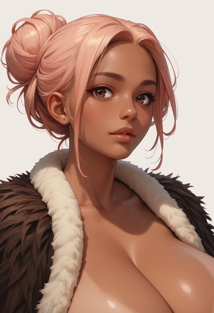 score_9, score_8_up, score_7_up, score_6_up, score_5_up, score_4_up, 1girl, tan skin, gigantic breasts , lips, bun hair, strawberry blonde hair, dark brown eyes, wearingstraw cape (mino) , upper body, simple background, 