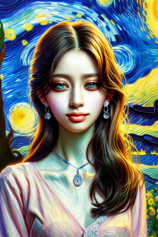 (close-up portrait),(upper body:1.22),(realistic:1.11),(Photo-referencing),HDR,Studio Lighting,Soft Lighting,(symmetric beautiful detailed eyes),Sparkling eyes,red eye shadow,(long eyelashes),a slender petite little girl,Delicate muscle lines,(Skinny body),(solo:1.5),( looking at viewer:1.22),The white shiny skin,(smirk:1.2),(dynamic pose),(arms behind back),arms at sides,(very long payot),(Absurdly long Brown straight hair:1.22),parted bangs, (floating hair),(jewelry:1.17), necklace, earrings,(colorful:1.27),(stained glass background),(dress:1.17),flower,Gems, diamonds, crystals, ,(toushi021\(see-through blouses\):1.21),youhua