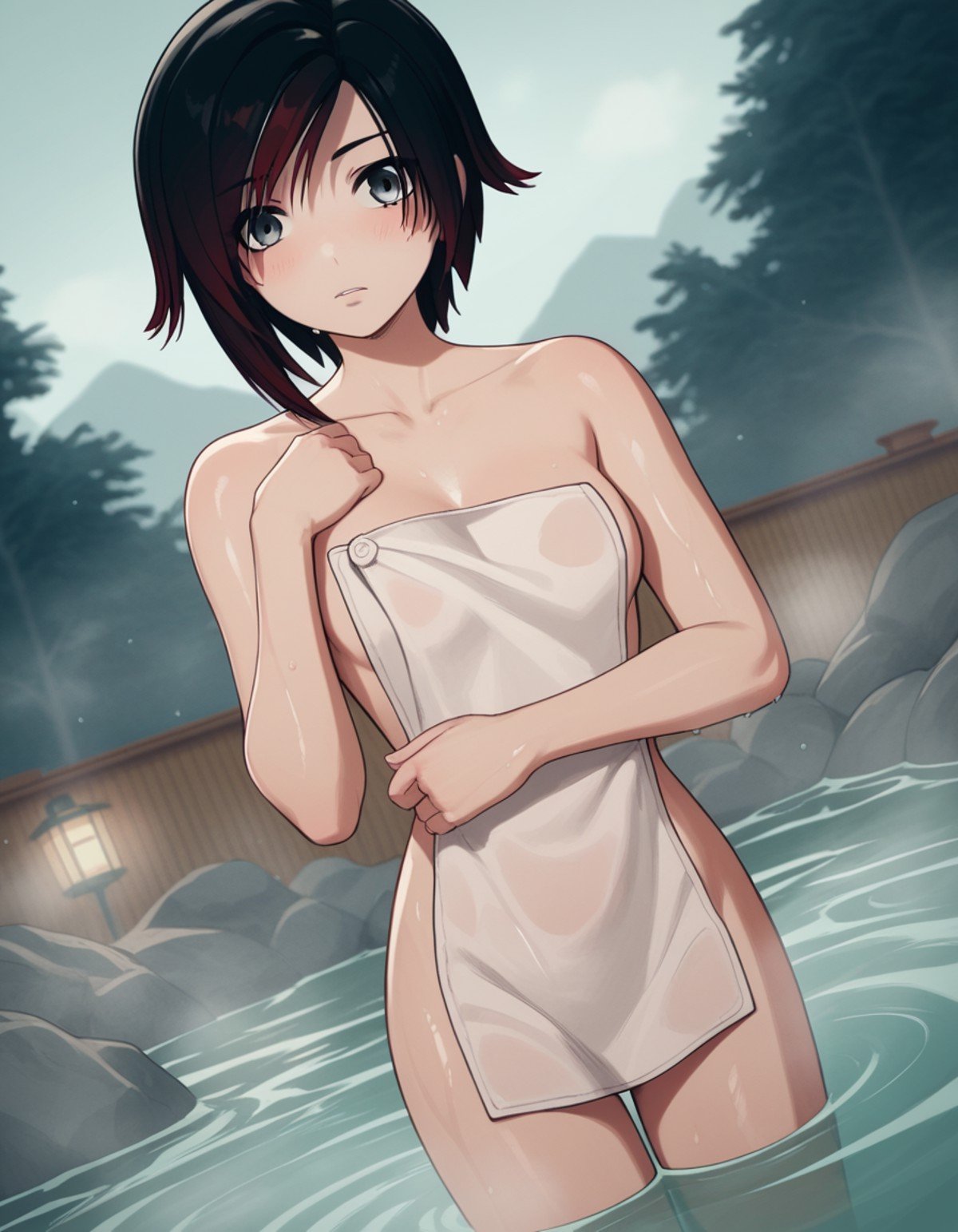 score_9, score_8_up, score_7_up, source_anime, <lora:ruby-rose-ponyxl-lora-nochekaiser:1>, ruby rose, short hair, black hair, red hair, grey eyes,, nude, naked, outdoors, onsen, towel, naked towel, steam, bathing, nude cover, partially submerged, water, bath, steam censor, wet towel, blush, looking at viewer, solo, cowboy shot, dutch angle