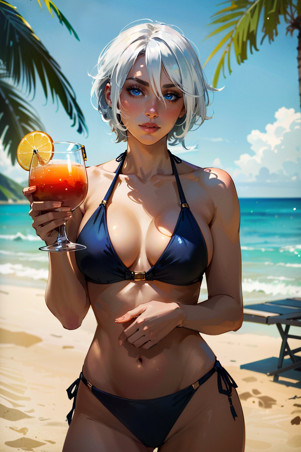 ((ultra detailed, masterpiece, absurdres))<lora:KOFAngel:0.9>KOFAngel, 1girl, white hair, blue eyes, at a beachside resort, bikini, holding a colorful cocktail