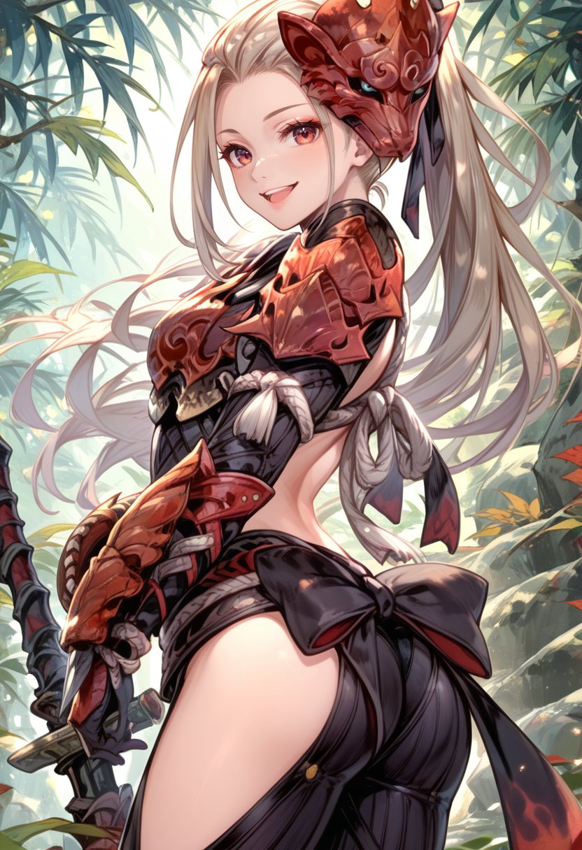 (score_9:0.9),score_8_up,score_7_up,anime style,rating_safe,(zPDXL),<lora:Odogaron Armor Beta ponyXL v1:0.8>,odogaron beta armor,red mask,red gauntlets,1girl,solo,weapon,looking at viewer,ponytail,long hair,smile,ass,open mouth,outdoors,sword,tree,weapon on back,black bow,