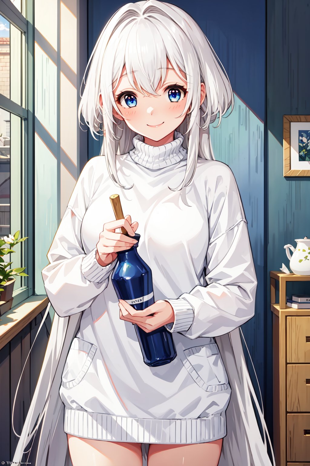 (masterpiece, best quality), solo, 1girl, lustrous skin, very aesthetic, absurdres, towa, (long hair:1.3), blue eyes, white hair, indoors, smile, sweater, turtleneck, official_art<lora:EMS-352655-EMS:0.600000>