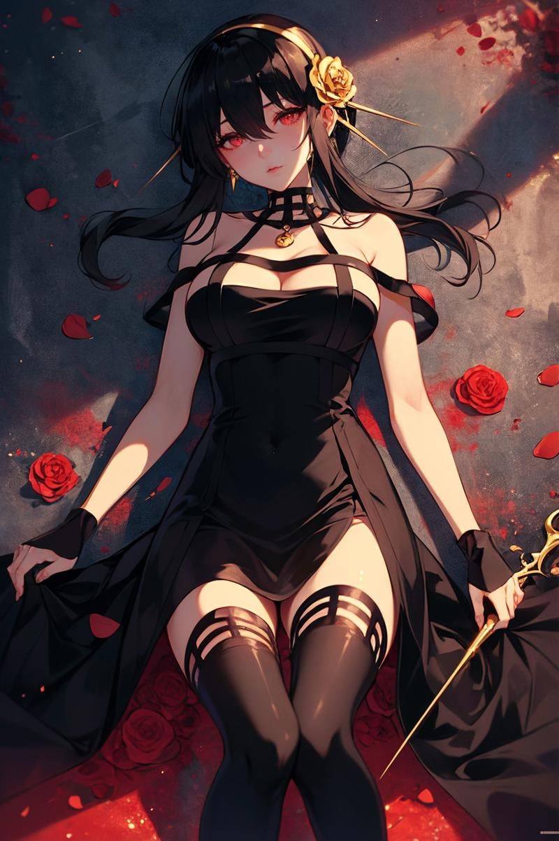 XUER Yor Forger,1girl,yor briar,solo,red eyes,flower,dress,breasts,black hair,rose,thighhighs,black dress,hairband,black thighhighs,on back,lying,holding,jewelry,looking at viewer,hair ornament,earrings,hair flower,gloves,gold hairband,blood,fingerless gloves,holding weapon,black gloves,bare shoulders,long hair,sidelocks,zettai ryouiki,large breasts,red flower,two-sided fabric,bangs,closed mouth,petals,cleavage,spikes,two-sided dress,gold earrings,rose petals,red rose,hair between eyes,A shot with tension,(Visual impact,giving the poster a dynamic and visually striking appearance:1.2),impactful picture,(masterpiece, best quality:1.2),offcial art,movie perspective,advertising style,magazine cover,very aesthetic,disheveled hair,very aesthetic,illustration,disheveled hair,perfect composition,moist skin,intricate details,<lora:绪儿 约尔福杰 XUER Yor Forger:0.8>,