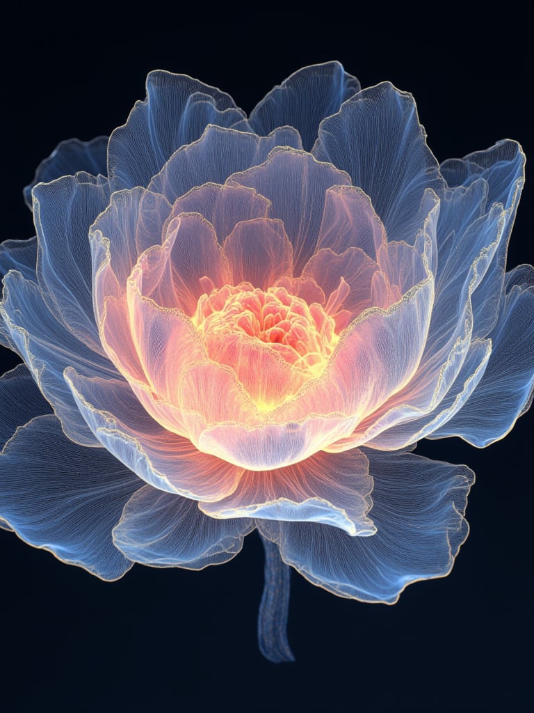 oblizi,This image is a highly detailed digital artwork depicting a large, blooming flower, likely a peony, in a surrealistic style. The flower's petals are rendered with intricate, delicate lines that create a lace-**** effect, giving the impression of soft, flowing fabric. The petals are primarily white with faint, ethereal hues of pink and blue, and they are illuminated by a warm, glowing light that originates from the center of the flower. This light radiates outward, casting a soft, golden glow on the petals, which appear almost translucent, adding to the ethereal quality of the piece.The background is a deep, dark navy blue, which contrasts sharply with the flower, making the petals and light appear more vibrant and luminous. The texture of the petals is smooth yet detailed, with a fine, almost feather-**** quality. The overall composition is symmetrical, with the flower centered in the frame and the petals evenly spaced, creating a sense of balance and harmony. The artwork's style is reminiscent of modern digital art, characterized by its high level of detail, vivid colors, and abstract, organic forms.