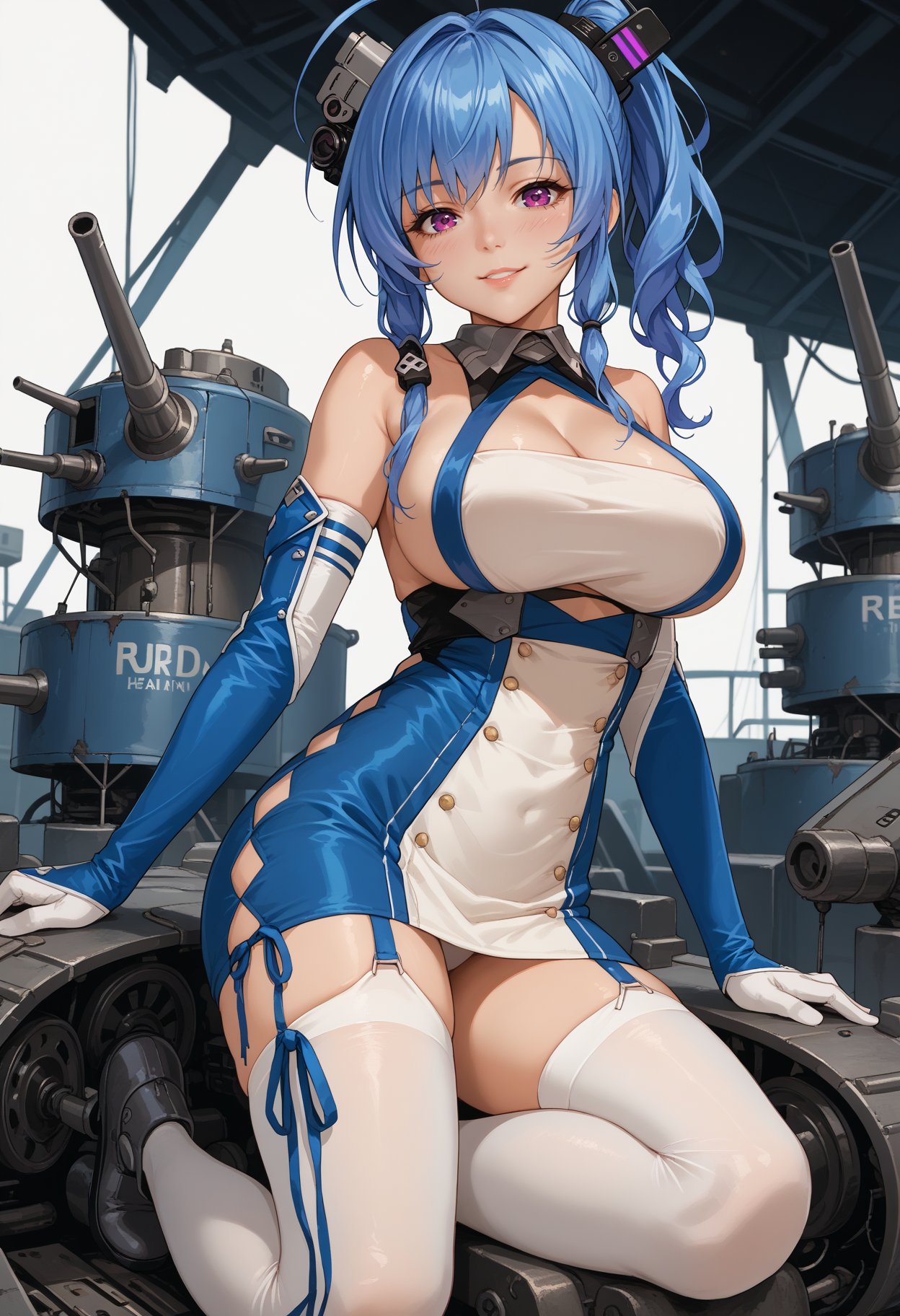 score_9, score_8_up,  score_7_up, source_anime, mlslbs, ahoge, white dress, halter, blue trim, clothing cut out, cleavage cutout, argyle cutout, double brested, buttons, garter straps, stockings, hair ornament, side ponytail, blue hair, purple eyes, elbow gloves, bare shoulders, collared dress, short dress, rigging, rudder footwear, taut dress, two-tone dress, sidelocks,  <lora:stlouis-pdxl-base:1>, (large breasts:2), seductive smile