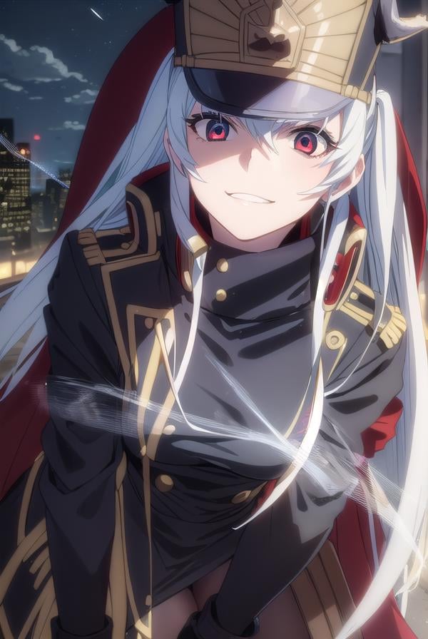 recreatorsaltair, <lora:recreators altair s1-lora-nochekaiser:1>, altair, long hair, (red eyes:1.3), very long hair, white hair, smile, grin,BREAK gloves, hat, uniform, military, military uniform, shako cap,BREAK outdoor, city, night, sky, buildings, moon, clouds,BREAK looking at viewer, (cowboy shot:1.5),BREAK <lyco:GoodHands-beta2:1>, (masterpiece:1.2), best quality, high resolution, unity 8k wallpaper, (illustration:0.8), (beautiful detailed eyes:1.6), extremely detailed face, perfect lighting, extremely detailed CG, (perfect hands, perfect anatomy),