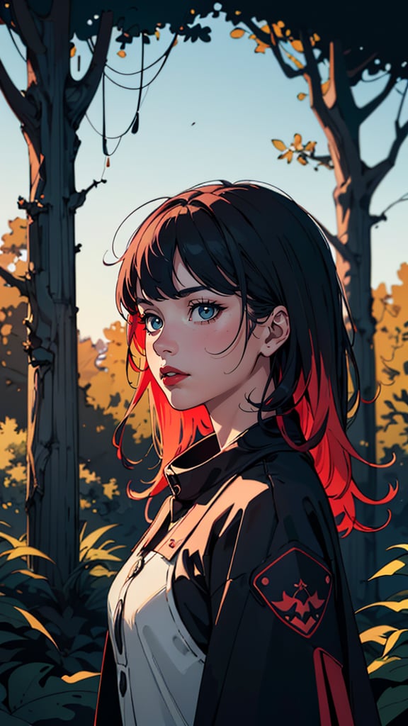 (masterpiece drawning, high quality), (solo:1.1), a digital art of a girl, (red/white/black), mistery forest, Extreme detail, morbid, (vibrant color), (cinematic),