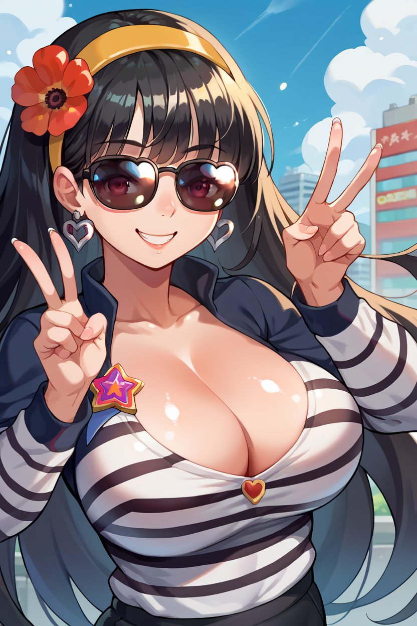 score_9, score_8_up, score_7_up, score_6_up, source_anime BREAK 1girl, solo  <lora:dcanemone-pdxl-nvwls-v1:1> dcAne, black hair, hairband, hair flower, sunglasses, heart earrings, striped shirt, black and white shirt, cleavage, black buruma, star \(symbol\), large breasts, happy, blue sky, city, upper body, portrait, covered eyes, shiny skin, long sleeves, peace sign, smug