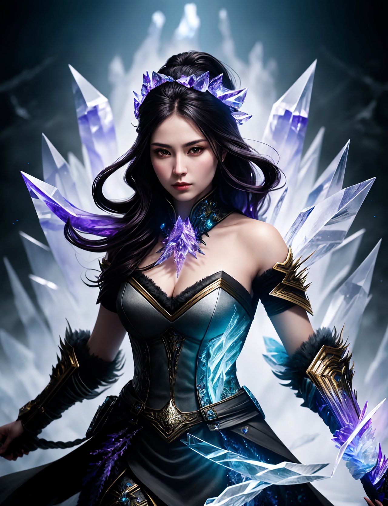 hyper detailed masterpiece, dynamic realistic digital art, awesome quality, person, female skirmisher  Evoking bewitch shaped like Tendrils of bicolored volatile crystal and ice magic, DonMM4g1c  <lora:DonMM4g1c-v1.2rb2:0.8>