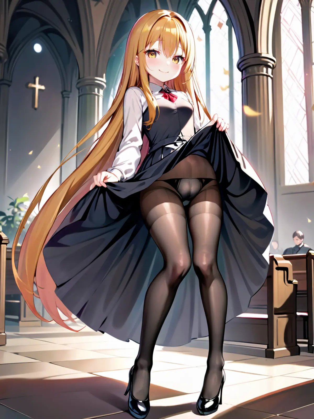 1girl, solo, golden long hair, pleated skirt, skirt lift, lifted by self, smile,  gothic dress, church, black pantyhose, full body, high heels, <lora:skirt lift XL V2-000009:0.5>