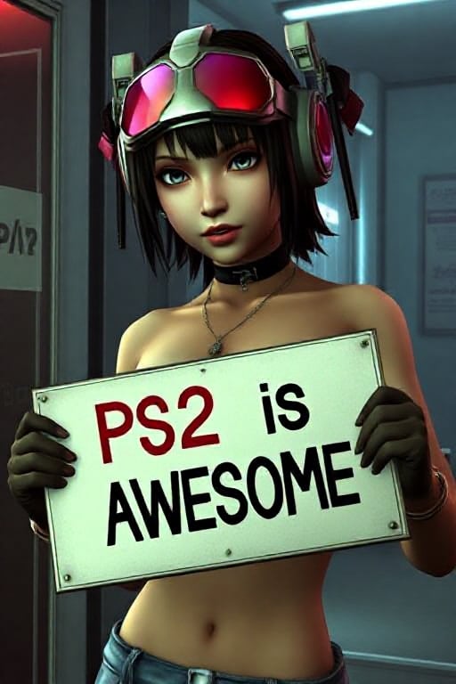 no anti aliasing, pixelated,noise, low resolution textures , low poly,  female cyberpunk holding a sign that says  " PS2 is AWESOME" on the wall, playstation 2 screenshot,ps2 style <lora:ps2-style:0.9>  