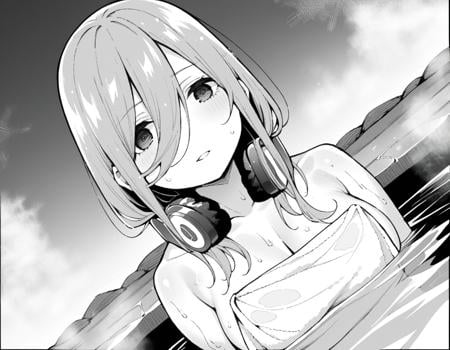 score_9, score_8_up, score_7_up, source_anime,mikunakano, <lora:miku-nakano-manga-ponyxl-lora-nochekaiser:1>,miku nakano, long hair, bangs, shirt, hair between eyes, headphones, cardigan, headphones around neck, monochrome, greyscale,nude, naked, outdoors, onsen, towel, naked towel, steam, bathing, nude cover, partially submerged, water, bath, steam censor, wet towel,looking at viewer, cowboy shot, dutch angle, solo, mature female,