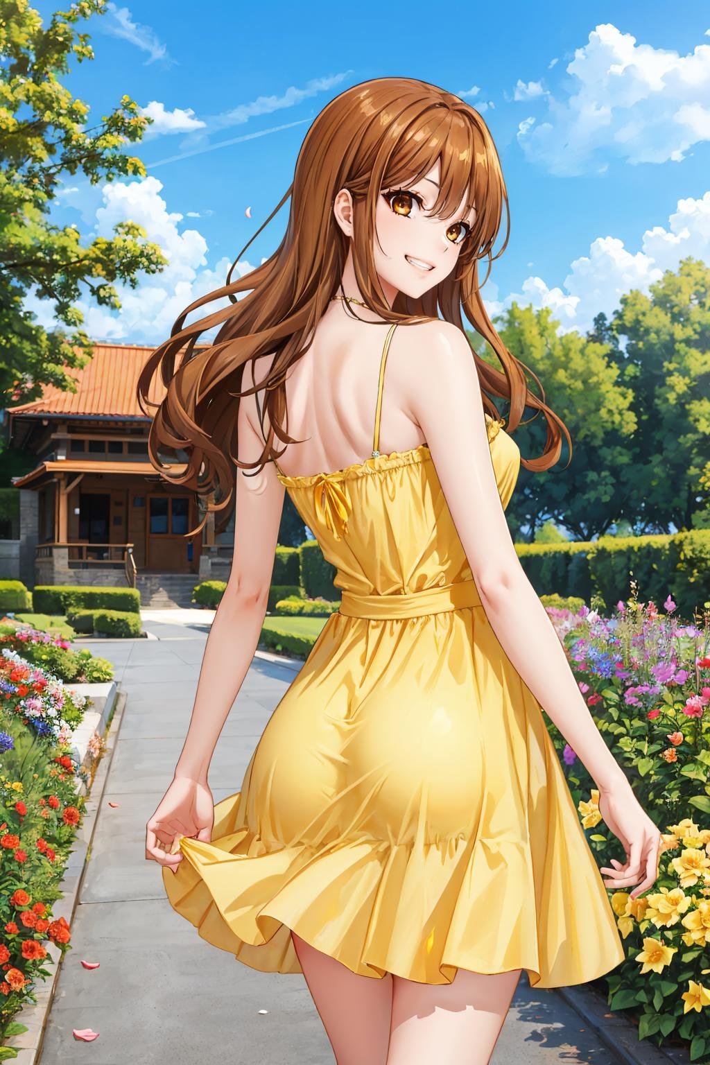 masterpiece, best quality, <lora:kyoukohori-nvwls-v1-000009:0.9> hori kyouko, from behind, yellow sundress, blue sky, grin, flowers, flower patch, spring, petals