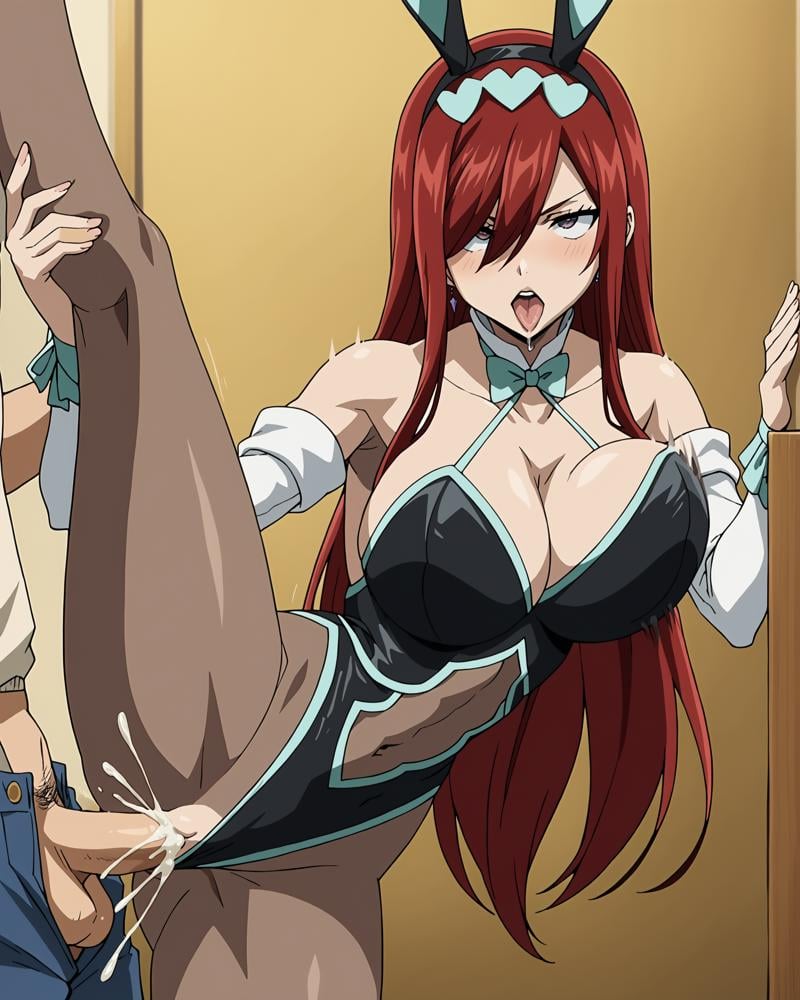 score_9, score_8_up, score_7_up, source_anime,masterpiece,best quality,highres,absurdres,official art,official style,source_anime,anime screencap,anime coloring, anime,animated,explicit, uncensored, nsfw,<lora:private_Fairy_Tail_-_Lucy_Erza_Wendy_Marvell_-_PDXL:1>1girl,  Erza, bunnysuit, large sexy breasts, big sexy meaty round ass, most of ass completely visible, no panties,(beautiful fingers, five fingers on each hand)<lora:abare:1>  abare, bouncing breasts, motion blur, motion lines, large breasts, <lora:Ahegaoo:1> ahegao, rolling eyes, blush, tongue out, drooling,  saliva,<lora:legupsex_XL_9_:1>leg up,male orgasm, cum inside girl, cumsplash,