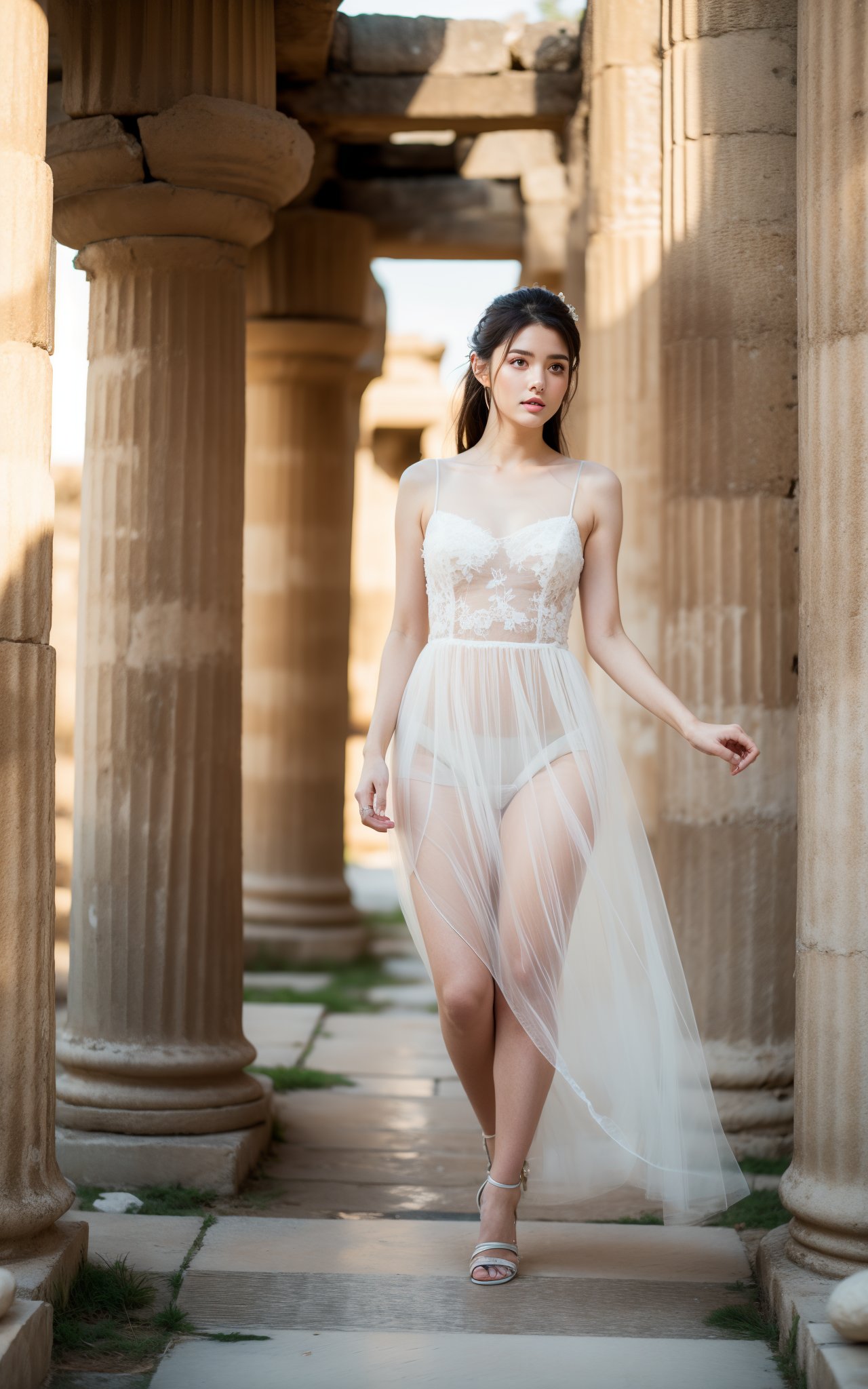 A beautiful girl is walking in a wedding dress in an ancient Greek city