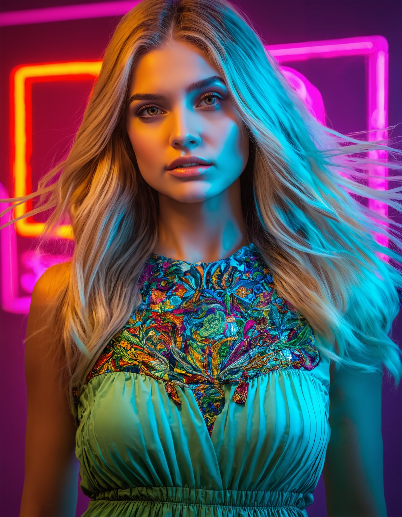 (best quality, 4K, 8K, high-resolution, masterpiece), ultra-detailed, realistic, photorealistic, portrait of a beautiful woman, long blonde hair with intricate patterns, tan skin, standing in front of colorful neon lights, psychedelic patterns, flowing hair, dress with detailed embroidery on the chest, light stripes, vibrant colors, intricate details, expressive eyes, high detail, high resolution, dynamic composition, modern style, ethereal atmosphere, soft lighting.