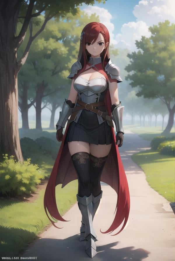 erzascarlet, <lora:erza scarlet v2-lora-nochekaiser:1>,erza scarlet, long hair, (red hair:1.5), hair between eyes, (brown eyes:1.7),BREAK skirt, thighhighs, cleavage, boots, belt, sword, cape, armor, gauntlets, armored boots, greaves, knight,BREAK outdoors, forest, nature, sky, sun, clouds, trees, grass,BREAK looking at viewer,BREAK <lyco:GoodHands-beta2:1>, (masterpiece:1.2), best quality, high resolution, unity 8k wallpaper, (illustration:0.8), (beautiful detailed eyes:1.6), extremely detailed face, perfect lighting, extremely detailed CG, (perfect hands, perfect anatomy),