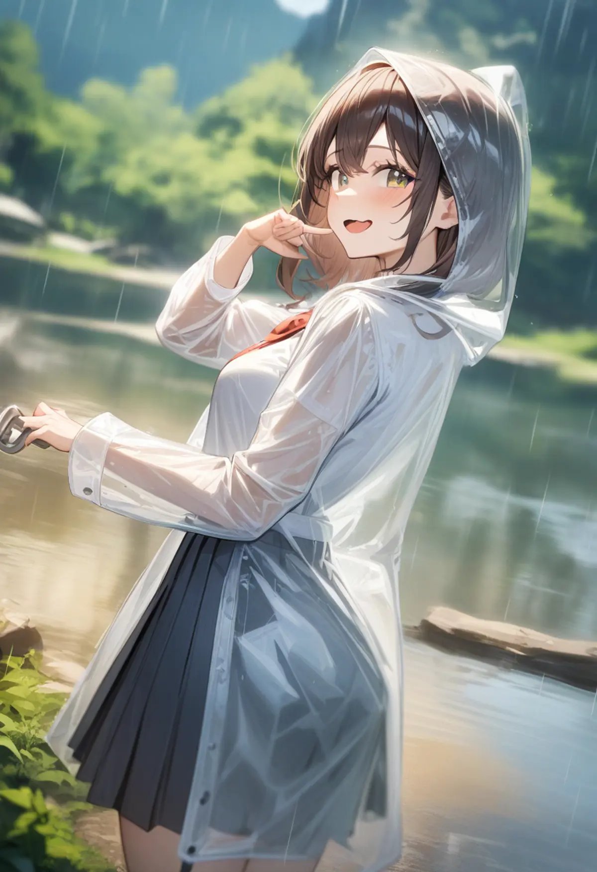 1girl, <lora:sdxl2-flat2-512b:-1>,medium breasts,school uniform,transparent raincoat,<lora:transparentraincoat_XL_v1:0.7>from side, cinematic angle, looking back, archaic smile, lake, open mouth,masterpiece, best quality, very aesthetic, absurdres