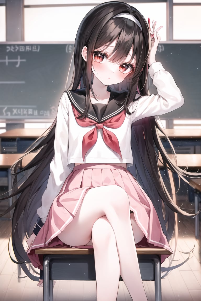 (eye focus, face, close-up:0.3), blush, black hair, red hairband, red eyes, eyelashes, skinny, emaciated, school uniform, white blouse, (serafuku), pleated black skirt, (tied hair, boob, breasts, cleavage, detached, floating hair:-1), (classroom:1.2), (ass, smile:0.7), (flat chest, absurdly_long_straight hair, hime cut), (crossed_legs), sitting chair, from below, pantyshot, foreshortening, barefoot, panties, sunset, dusk