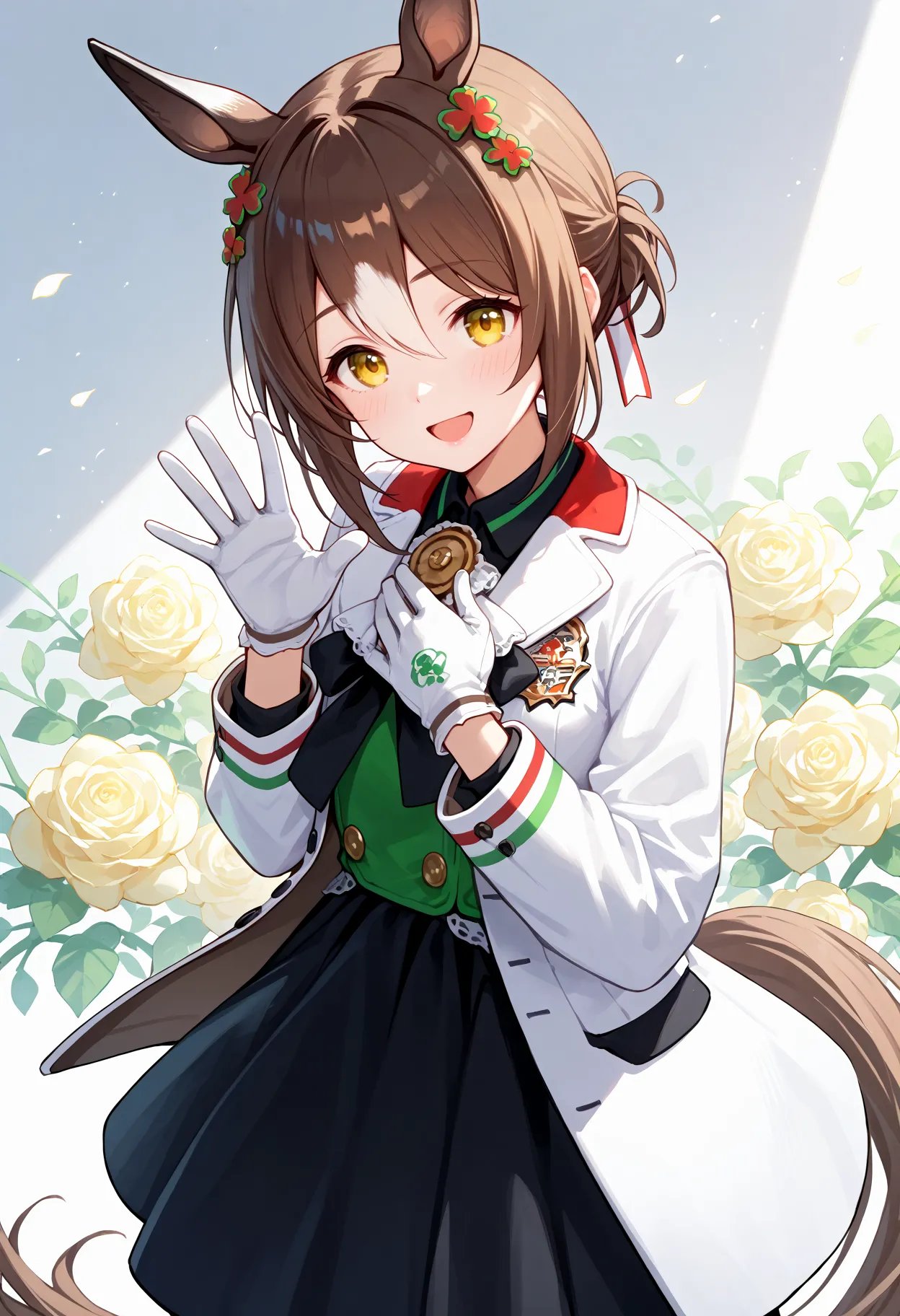 score_9, score_8_up, score_7_up, BREAK, best quality, masterpiece, very aesthetic, ultra detailed,very detailed background,,zPDXL3,FIne_M,FM_Race, 1girl, solo,  brown hair, hair ornament,yellow eye, gloves,white jacket,  horse ears, horse tail, black  skirt,<lyco:Fine_M-ponyXL_locon:0.95>hands on chest,waving,happy