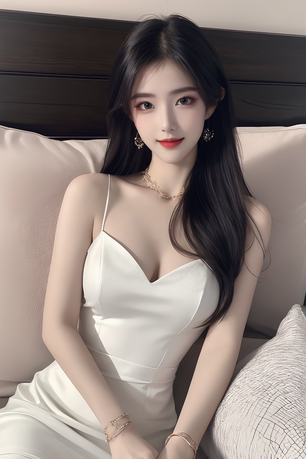 1girl, black hair, bracelet, dress, green eyes, lips, long hair, looking at viewer, pillow, realistic, sitting, smile, solo, watch, white dress, wristband, wristwatch  <lora:1.0:0.8>