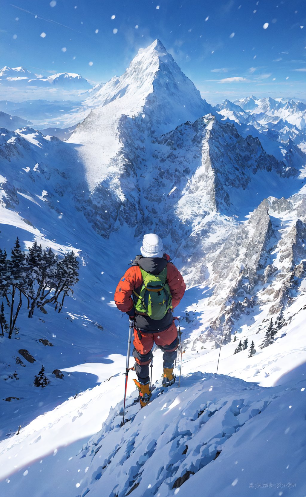 masterpiece, best quality, mountain climber, mountain top, looking over a grand view, snowy winter forest, mountain, snow, snowing