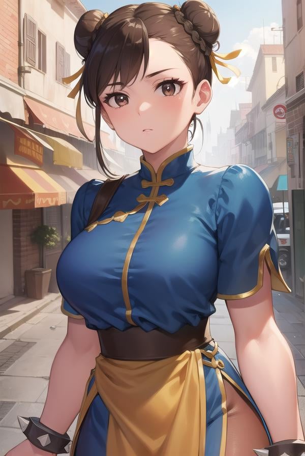 chunli, <lora:chun li v2-lora-nochekaiser:1>,chun li, (brown eyes:1.7), brown hair, (bun cover:1.5), double bun, eyeliner, hair bun, lipstick, makeup, pink lips,BREAK blue dress, boots, bracelet, brown pantyhose, china dress, chinese clothes, cross-laced footwear, dress, gold trim, jewelry, pantyhose, pelvic curtain, puffy sleeves, sash, short sleeves, side slit, spiked bracelet, spikes, white footwear,BREAK outdoors,BREAK looking at viewer, full body,BREAK <lyco:GoodHands-beta2:1>, (masterpiece:1.2), best quality, high resolution, unity 8k wallpaper, (illustration:0.8), (beautiful detailed eyes:1.6), extremely detailed face, perfect lighting, extremely detailed CG, (perfect hands, perfect anatomy),