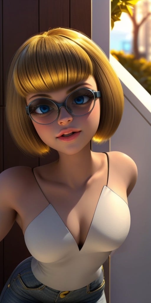 Hyperrealistic, photorealistic, super detailed, golden-blonde hair that is cut into a sharp bob with short bangs that frame her face, blue eyes, body like in real life, large pores, slender, fair-skinned, beautiful arms, medium breasts, unreal engine, octane render, droped shadow, bokeh, cinematic lighting, <lora:add_detail:0.5>, <lora:Volumetric_lighting:0.6>, golden-blonde hair that is cut into a sharp bob with short bangs that frame her face, blue eyes, Bourgeois, Audrey, , <lora:5c0a6cb9-541c-4929-a1a7-342e4d410603:0.7>