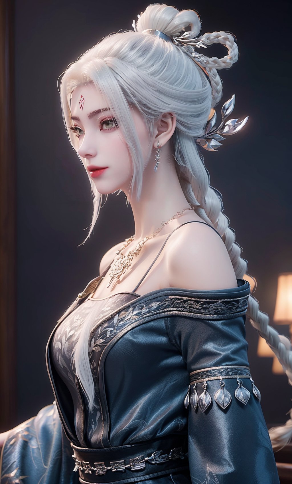 (Solid background:1.2),masterpiece,(best quality),white hair,official art,extremely detailed cg 8k wallpaper,(extremely delicate and beautiful),solo,realistic,photo_\(medium\),k/da_(league_of_legends),,profile,(bare shoulders,gown,chinese clothes,necklace,jewelry,long hair,detached sleeves,solo),1girl,(forehead mark,multiple braids,hair bun,hair stick,braid,hair ornament,:1.1),<lora:xiaobai_new_v2.0:0.6>,,,