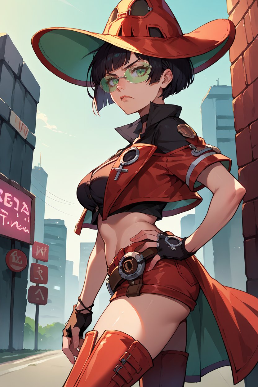 score_9, score_8_up, score_7_up, score_6_up, source_anime, 1girl, solo <lora:ggino-pdxl-nvwls-v1-000005:1> striveIno, black hair, green eyes, red hat, choker, tinted eyewear, red jacket, short sleeves, black shirt, short shorts, clothing cutout, midriff, belt, fingerless gloves, thigh boots, large breasts, looking at you, looking at you, hand on hip, from side, annoyed, city, neon signs