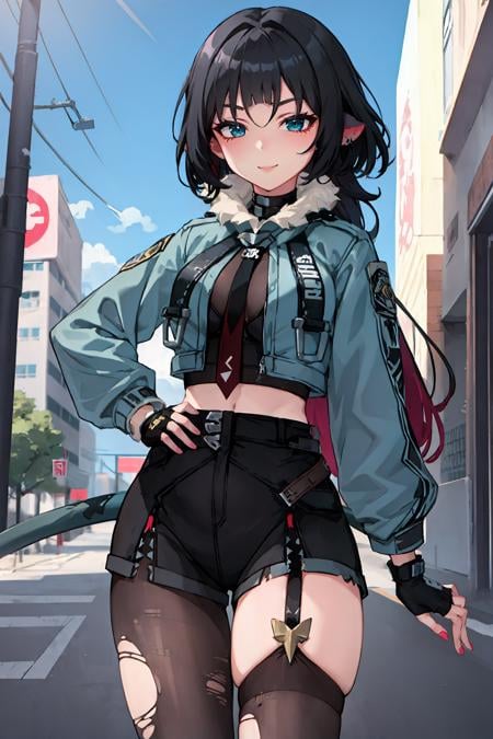 1girl, jane doe \(zenless zone zero\), fingerless gloves, black shorts, tail, cropped jacket, sports bra, single garter strap, single leg pantyhose, single thighhigh, necktie, long hair, cowboy shot, standing, seductive smile , looking at viewer, hand on hip, outdoors, street