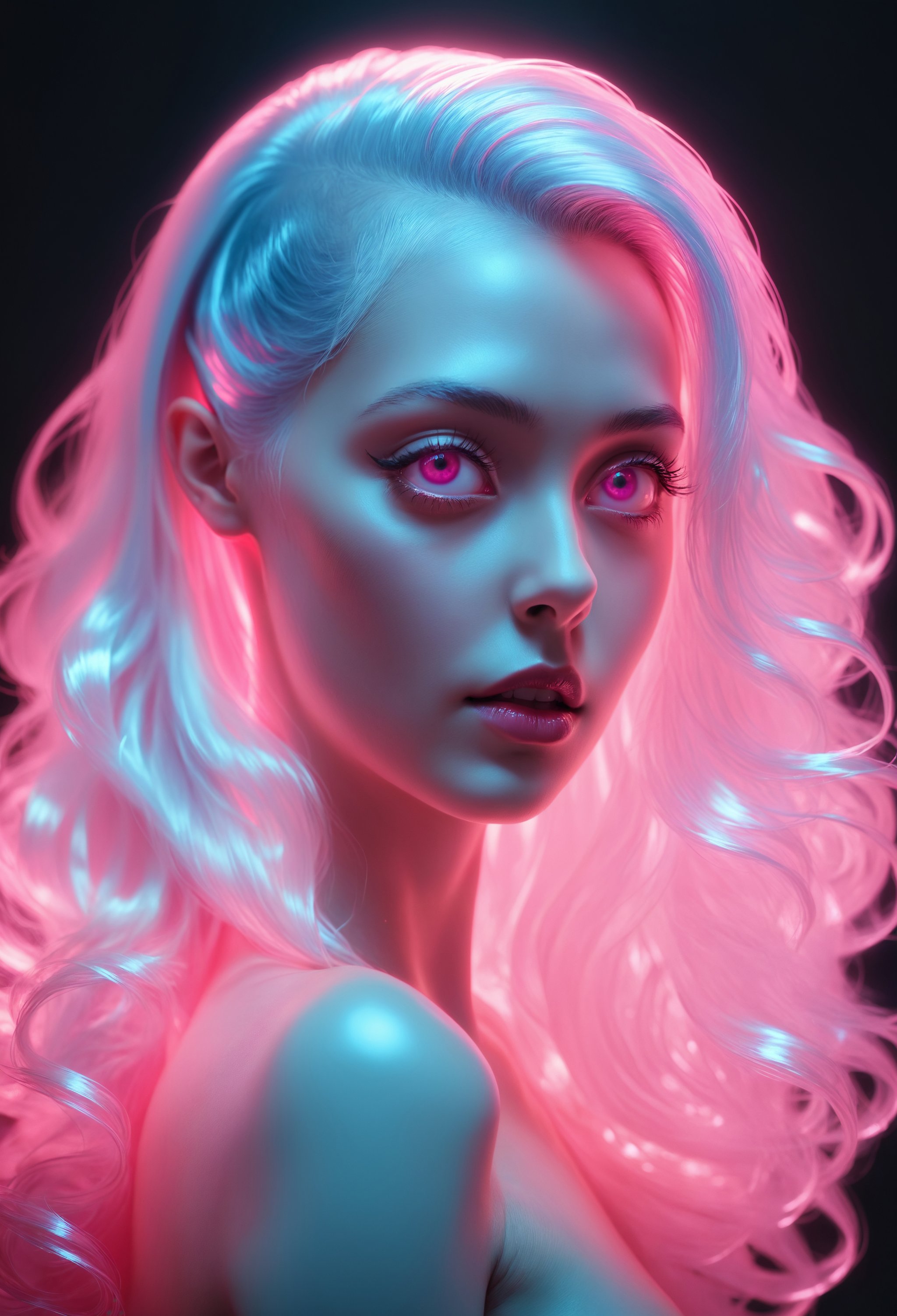 zavy-hrglw, neon pink hair, hyperrealistic style portrait of an otherworldly being with metallic skin, translucent, ghostly, transparent, opalescent, expression of feelings, imaginative, highly detailed, magnificent, celestial, ethereal, epic, magical, dreamy, chiaroscuro, atmospheric lighting, clean,
