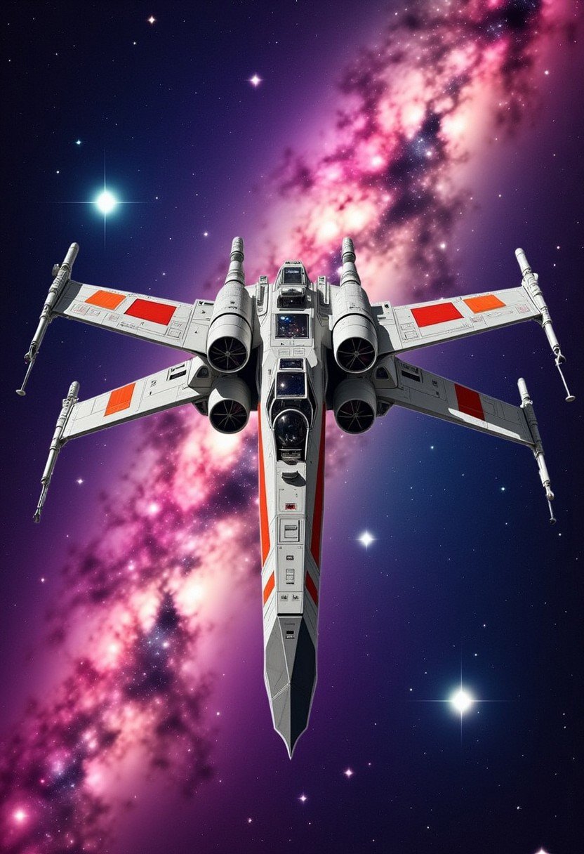 mlkwglx, stars, This image is a highly detailed, digital illustration of a futuristic spaceship in space. The spaceship, prominently featured in the center, is a sleek, X-wing fighter with a red and white color scheme. It has four long, pointed wings that extend from the central body, giving it a distinctive X shape. The wings are adorned with red stripes and have visible rivets and panels, indicating a high level of technological sophistication. The background is a vibrant, swirling nebula with hues of pink, purple, blue, and green, creating a cosmic, otherworldly atmosphere. The nebula is filled with countless stars of varying sizes, adding to the sense of depth and vastness. The stars range from bright, white dots to faint, distant specks, emphasizing the infinite expanse of space. The spaceship appears to be in motion, with its engines glowing faintly, suggesting it is traveling at high speed. The illustration captures the texture of the spaceship's metal surface, which appears smooth but with visible details such as the cockpit windows and the intricate design of the engines. The overall style is highly realistic, with sharp lines and a high level of detail, making the spaceship and the surrounding space appear lifelike.