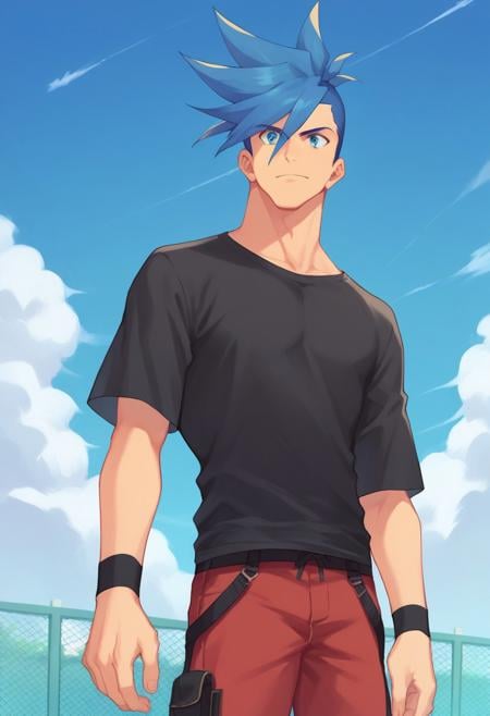 score_9, score_8_up, score_7_up, source_anime, highly detailed, galo, male focus, 1boy, blue hair, spiked hair, blue eyes, solo, shirt, black shirt, t-shirt, pants, red pants, outdoor, sky, day, blue sky,