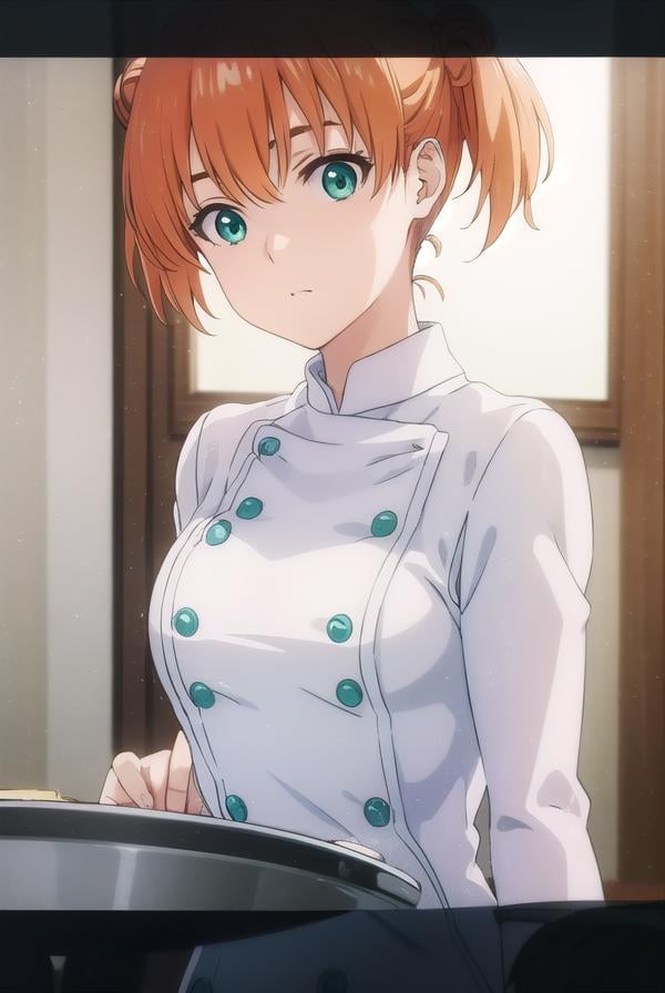 yuukiyoshino, <lora:yuuki yoshino s1-lora-nochekaiser:1>,yuuki yoshino, short hair, twintails, (green eyes:1.3), hair bun, orange hair, double bun,BREAK chef, pants, white pants,BREAK indoors, kitchen,BREAK looking at viewer, (cowboy shot:1.5),BREAK <lyco:GoodHands-beta2:1>, (masterpiece:1.2), best quality, high resolution, unity 8k wallpaper, (illustration:0.8), (beautiful detailed eyes:1.6), extremely detailed face, perfect lighting, extremely detailed CG, (perfect hands, perfect anatomy),