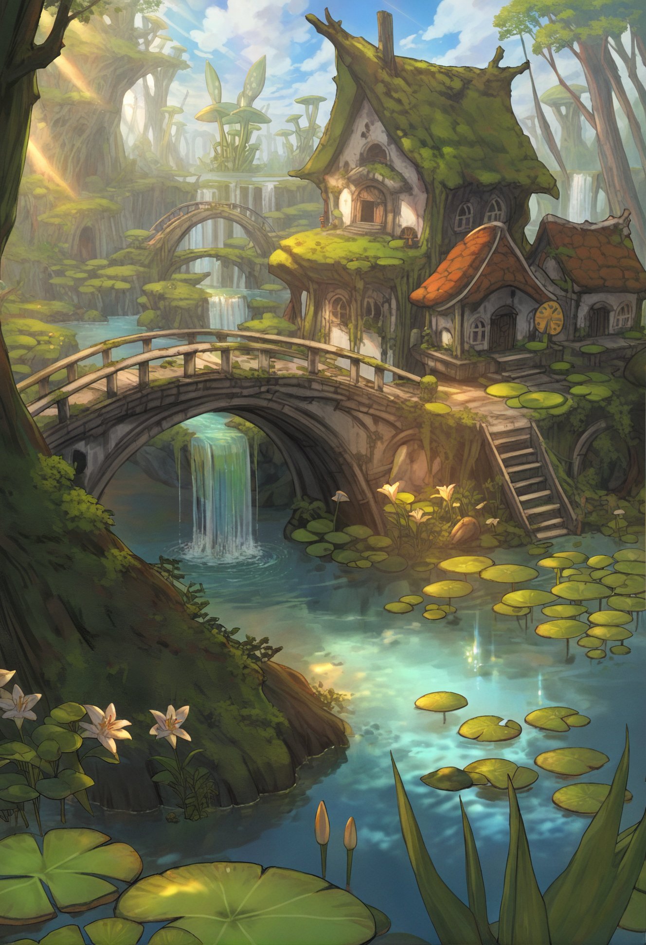 masterpiece, best quality,   scenery, ruins, outdoors, overgrown, water, day, tree, nature, moss, sunlight, sky, forest, lily pad, light rays, sunbeam, post-apocalypse, bridge, artist logo, no humans, mushroom world, mushroom, forest, sign, diluc \(object\), mushroom house, scenery, reflection, cloud, waterfall, railing, lily pad on colored, blue sky <lora:さばみそ太郎XLlokr8f-000097:0.95>