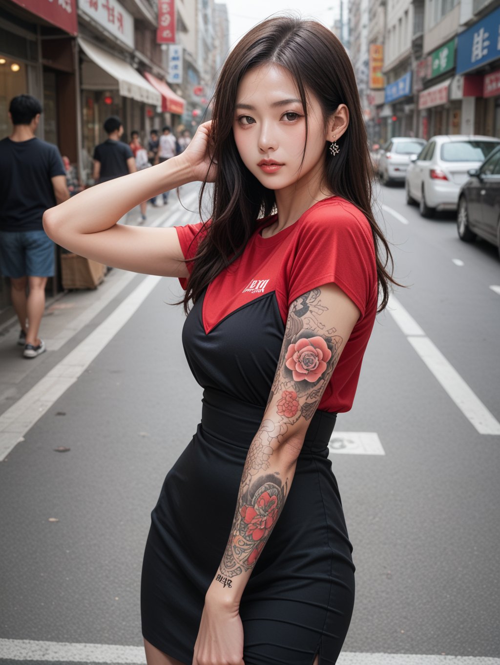 score_9, score_8_up, score_7_up,cowboy shot, 1girl, jirai kei,red shirt, black dress, korean,arm tattoo, street, 