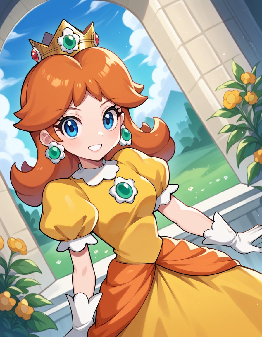 score_9, score_8_up, score_7_up, source_anime,princessdaisy, <lora:princess-daisy-ponyxl-lora-nochekaiser:1>,princess daisy, blue eyes, long hair, orange hair,crown, daisy, dress, flower, gem, gloves, orange dress, puffy short sleeves, puffy sleeves, short sleeves, white gloves,indoors, castle, smile,looking at viewer, cowboy shot, dutch angle,