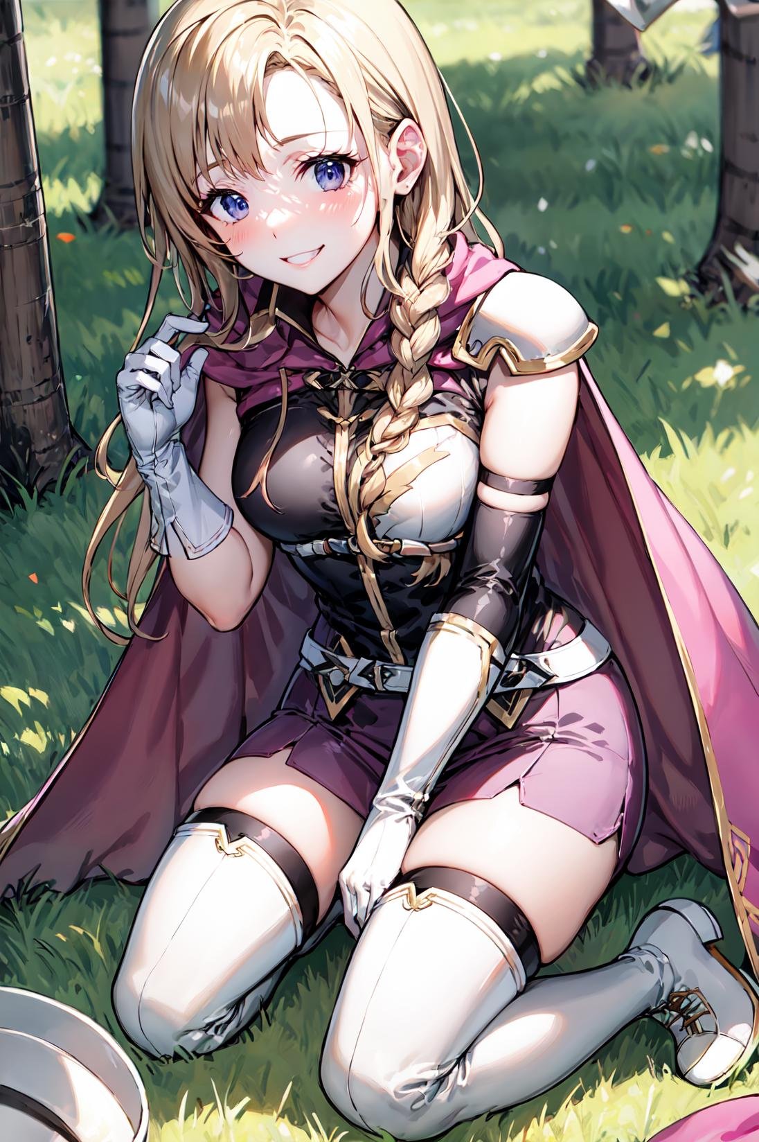 Kneeling with one arm resting on the knee,blush,wide shot,<lora:louiseV1:0.9>, def_louise, zettai ryouiki, gloves, thighhighs,  boots, cape, smile, thigh boots, elbow gloves,white footwear, shoulder armor,belt, skirt, asymmetrical gloves, short dress, breastplate, white gloves, dress,outdoors,(masterpiece, best quality, ultra-detailed, best shadow) ,