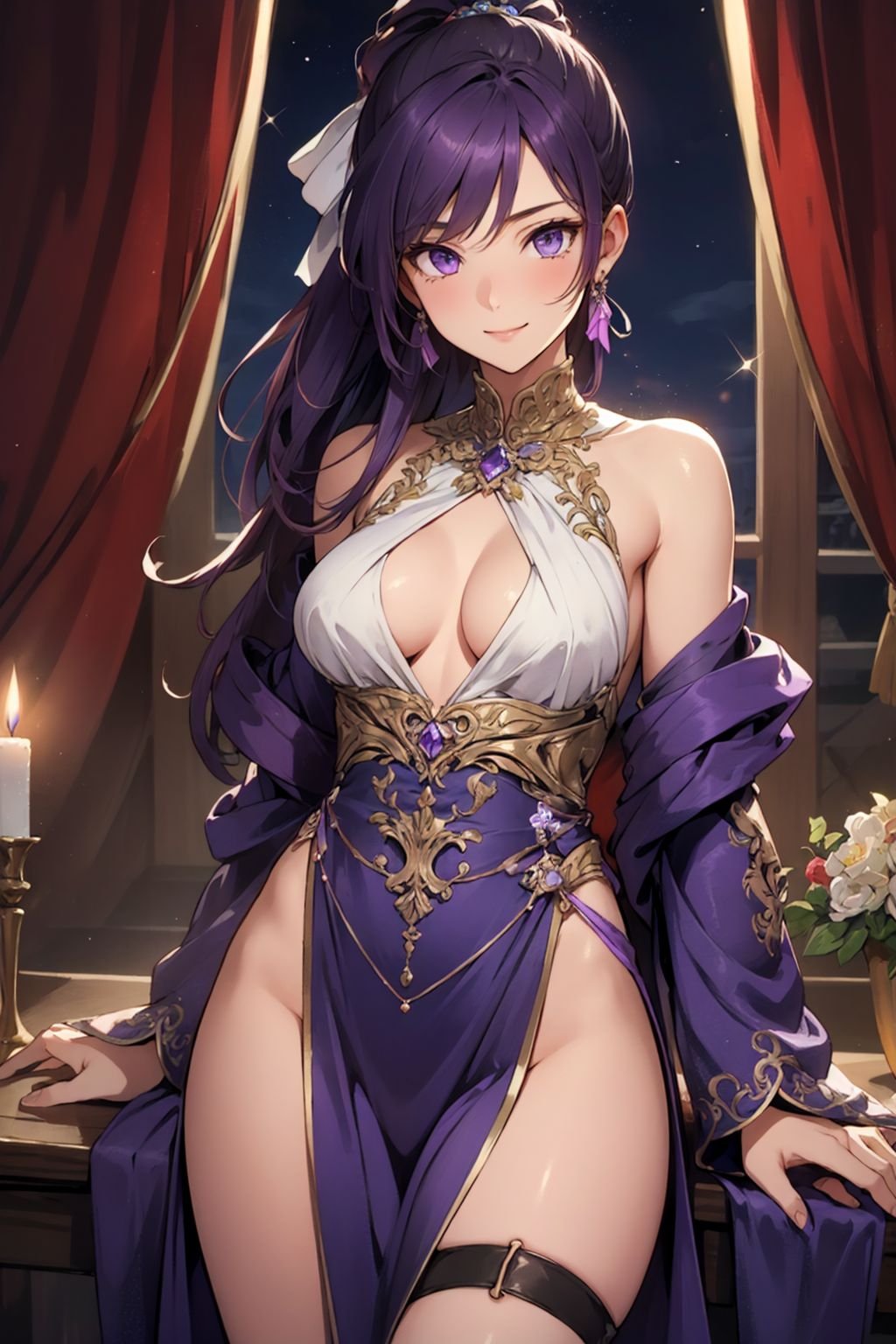 <lora:detail_slider_v4:1.25>, (Masterpiece:1.3), (best quality:1.2), (detailed background:1.1), (intricate details:1.1), (detailed background:1.2), 1girl, solo, (soft skin:1.2), (long purple hair:1.1), ponytail, hair ribbon, purple eyes, (sparkling eyes:1.1), shy smile, medium breasts, cleavage, (sideless outfit:1.5), long silk dress, thigh strap, (groin:1.2), (partially visible crotch:1.2), silk curtains, candlelight, night sky,