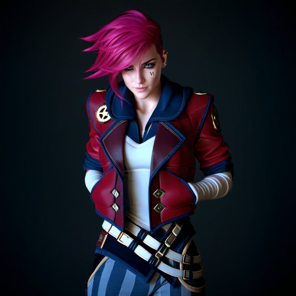 a woman, full body, pink hair, red jacket, hand in jacket pocket, steampunk city background, (((text ''VI'')))  <lora:Vi1024-V2:0.8>