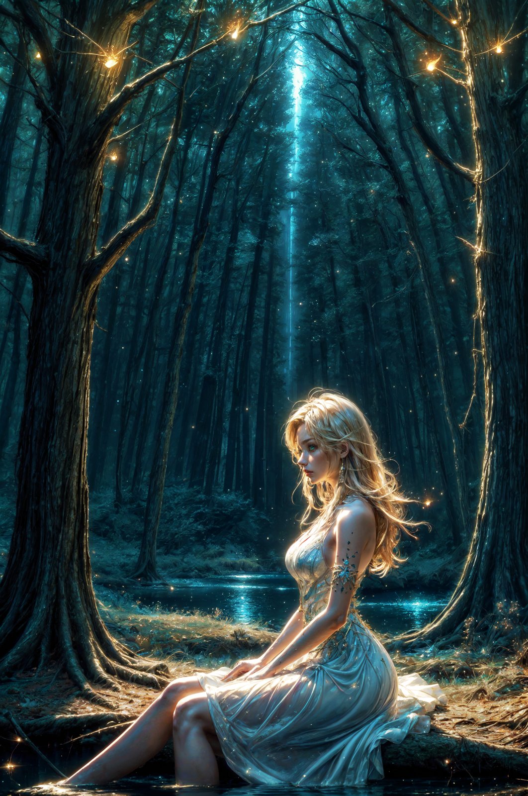 Blonde girl wearing LAstargalaxydress, hair moved by wind, beautiful green eyes, long hair, (artistic:1.2), (fantasy:1.2), (from afar:1.2), <lora:LAstargalaxydress:0.8> , BREAK,(sitting on a lake:1.2), (lonely:1.2), (solitude:1.2), (white dress:1.4), (transparent dress:), (flower ornaments:1.2), BREAK,(dense forest:1.2), (old forest:1.2), (night:1.4), (fireflies:1.2), (enchanted forest:1.2), (mystical:1.2), BREAK,(masterpiece:1.4), (4k:1.2), (extreme resolution:1.2), (highly intricate:1.2), (studio quality:1.2), (extremely detailed:1.2), (beautiful and aesthetic:1.4),  <lora:GoodHands-beta2:1><lora:add_detail:0.5> <lora:add_sharpness:0.5> <lora:magic_particles:0.5> magic particles