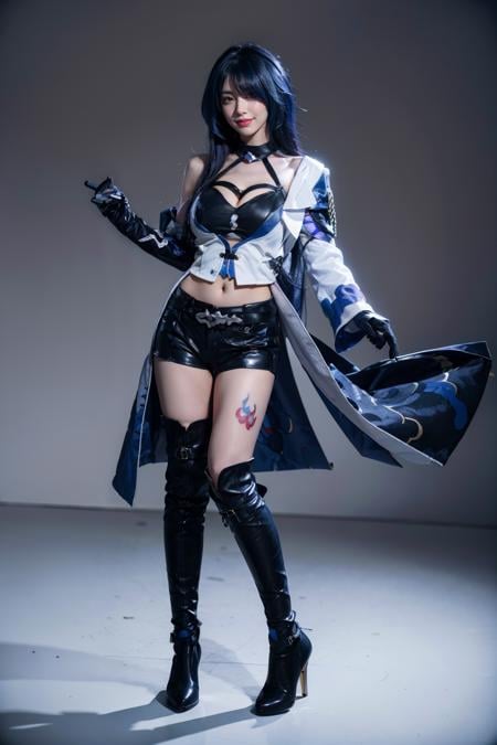 best quality, masterpiece, realistic, photorealistic, 1girl, solo, looking at viewer, smile, standing, full body, acheron cosplay costume, acheron, cosplay, blue hair, very long hair, hair over one eye, shirt, asymmetrical clothes, singel sleeves, shorts, crop top, belt, tattoo, gloves, singel elbow glove, large breasts, breasts, cleavage, boots, knee boots, high heel boots, grey background, <lora:Honkai_StarRail_Acheron_costplay_costume_v1:0.65>