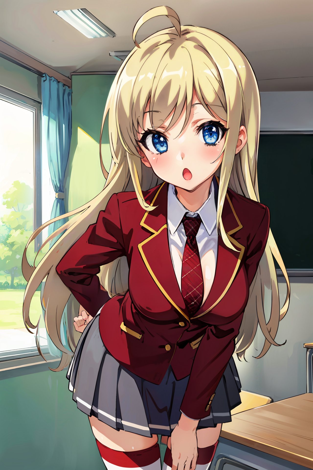 1girl, (masterpiece), (high resolution), (8K), (extremely detailed), (4k), perfect face, nice eyes and face, (best quality), (super detailed, intricate details, very aesthetic), detailed face and eyes, (solo), textured skin, absurdres, highres,   <lora:chocolat_noucome-09:0.7>, chocolat_wz, long hair, blonde hair, blue eyes, long hair, ahoge, breasts, striped thighhighs, blue eyes, striped clothes, necktie, school uniform, zettai ryouiki, blazer, red jacket, pleated skirt,  grey skirt, red thighhighs, leaning forward, looking at viewer, :o, classroom, school desk<lora:sd_v15_dpo_lora_v1:1>