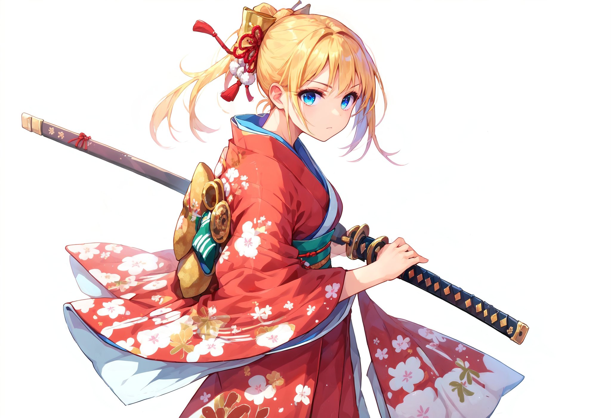 score_9_up score_8_up score_7_up, 1girl, battoujutsu, looking at viewer, standing, kimono, simple background, japanese clothes, bow, from side<lora:battoujutsu_stance_24retry_pony_rework_final_svd_d8:1>